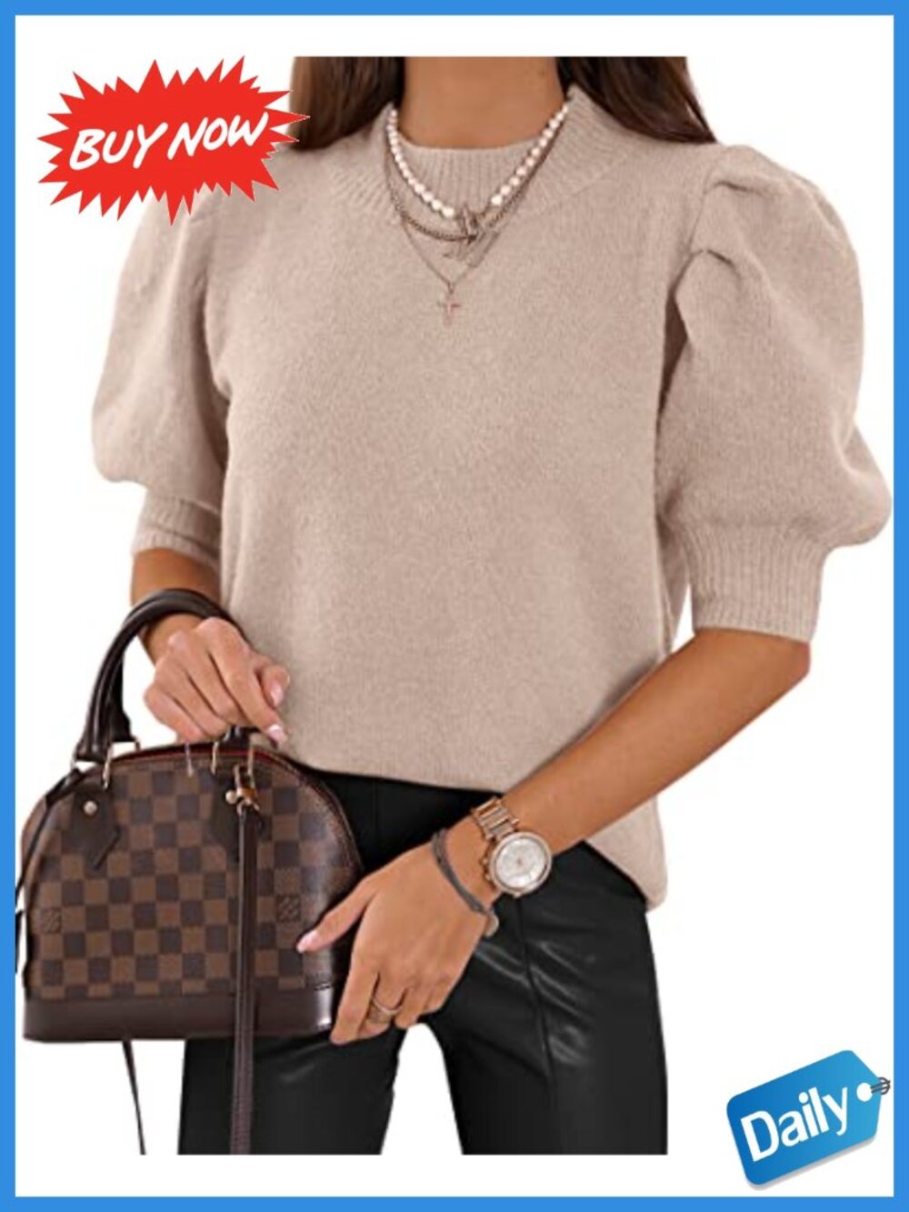Puff Short Sleeve Knit Sweater Top Crew Neck Casual Blouse